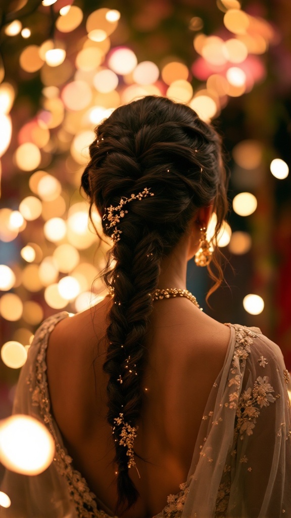 A close-up of a fishtail braid hairstyle adorned with delicate string lights in the background, showcasing elegance and festive spirit.