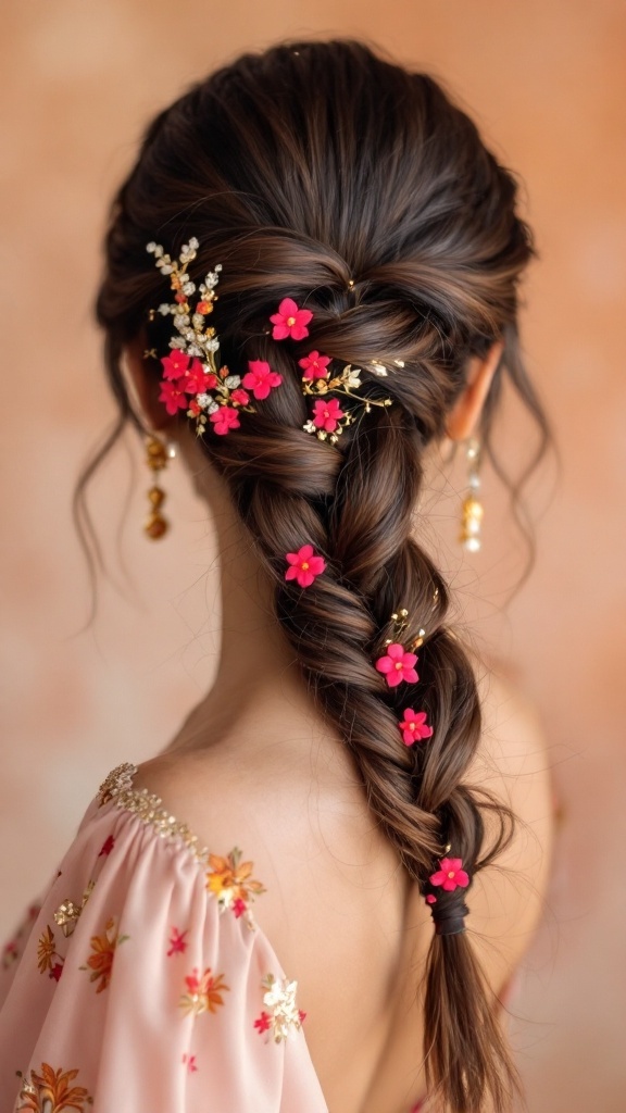 Fishtail braid adorned with pink flowers and gold accessories