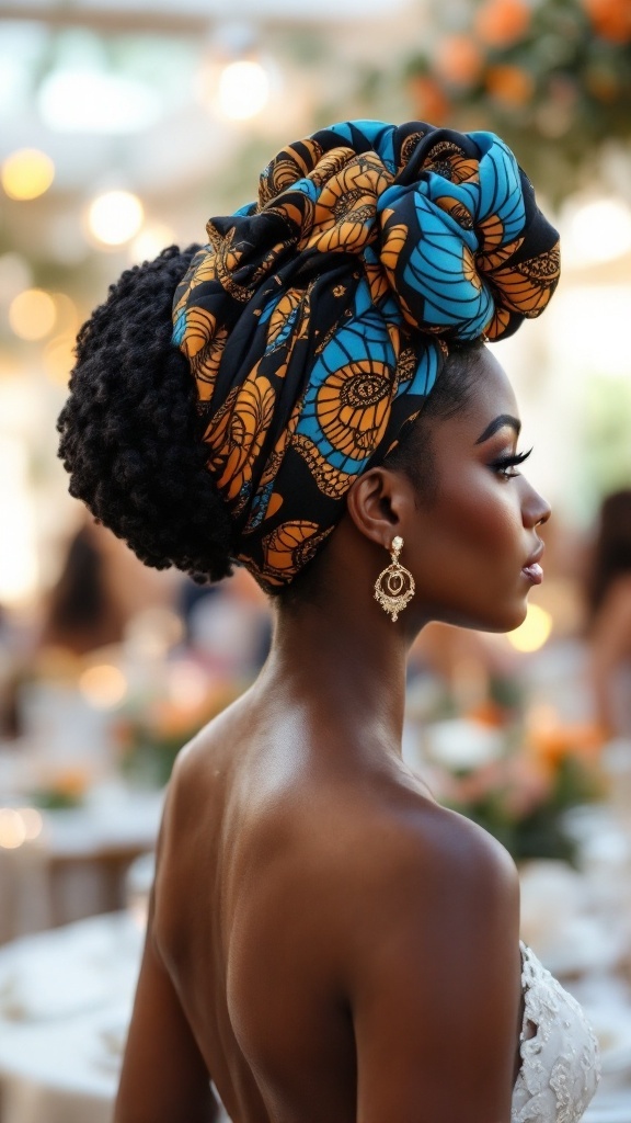 A woman wearing a colorful headwrap with blue and orange patterns, showcasing natural hair and elegant earrings.