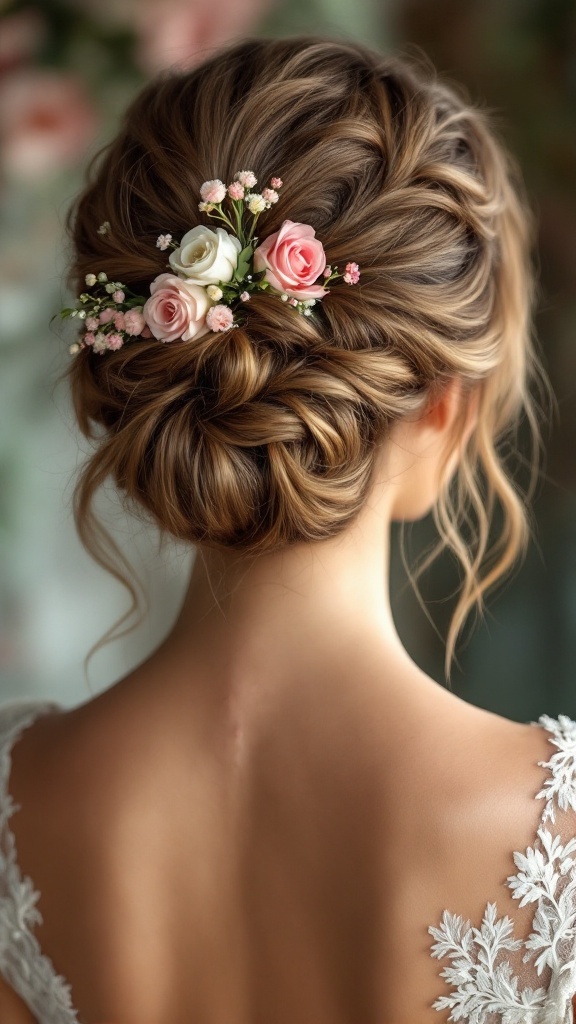 A close-up of a floral accent updo hairstyle with soft waves and pink and white roses