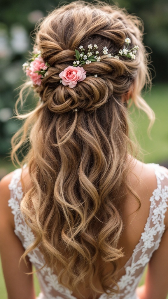 A beautiful half up half down bridesmaid hairstyle featuring curls and floral accents.