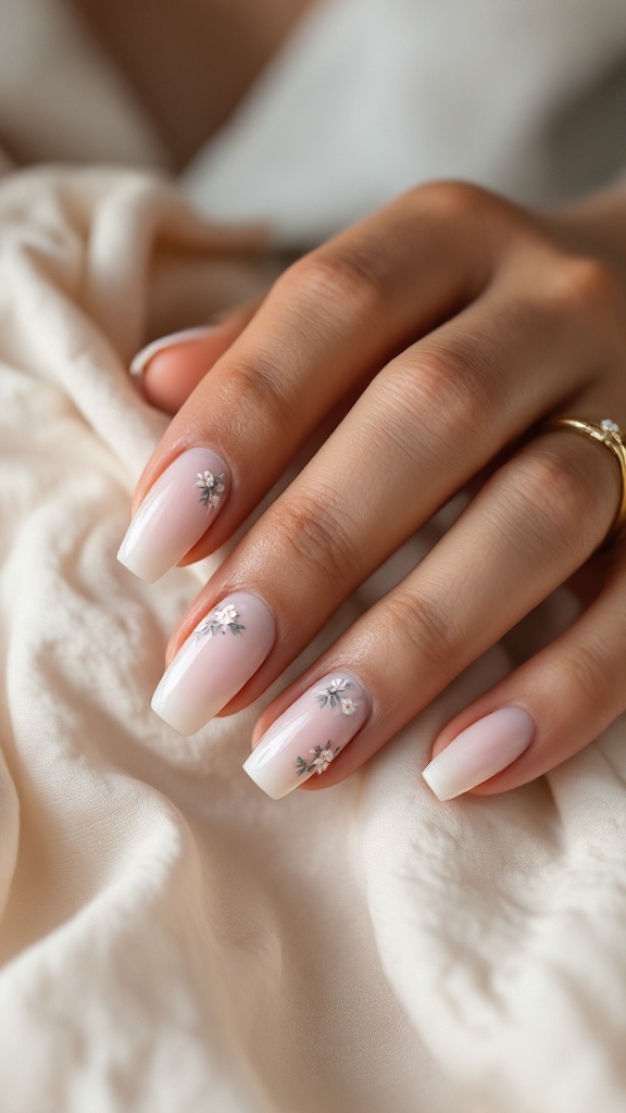 A hand with wedding nails featuring floral accents on a soft background