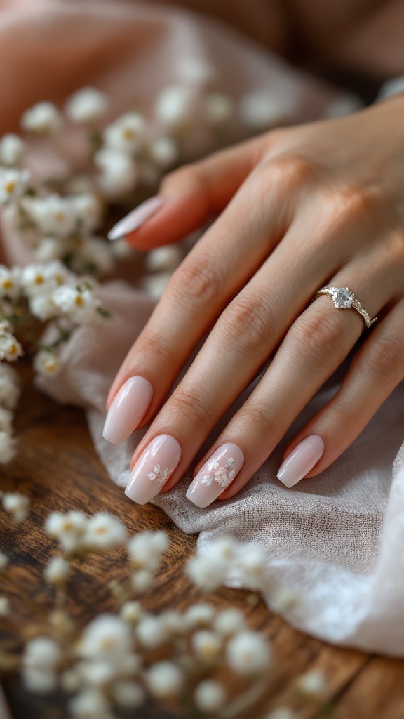 A hand with pink wedding nails featuring white floral designs, adorned with a silver ring, surrounded by delicate flowers and fabric.