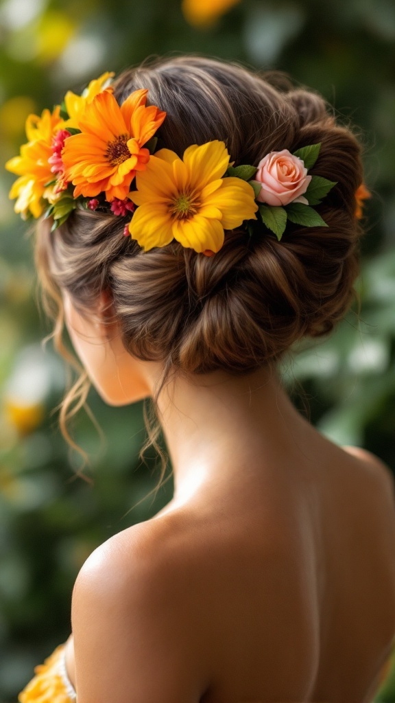 A woman with an elegant floral crown updo, featuring vibrant orange and yellow flowers with soft pink roses.
