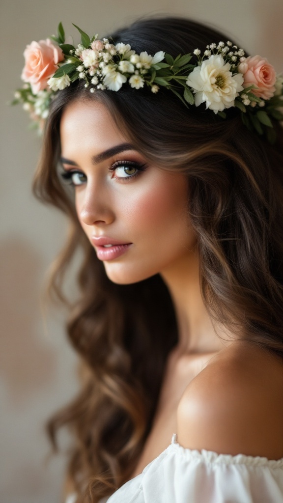 A woman with a floral crown and soft waves hairstyle, showcasing a natural and romantic look