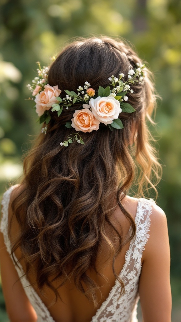 A bride's hairstyle featuring loose curls with floral accents.