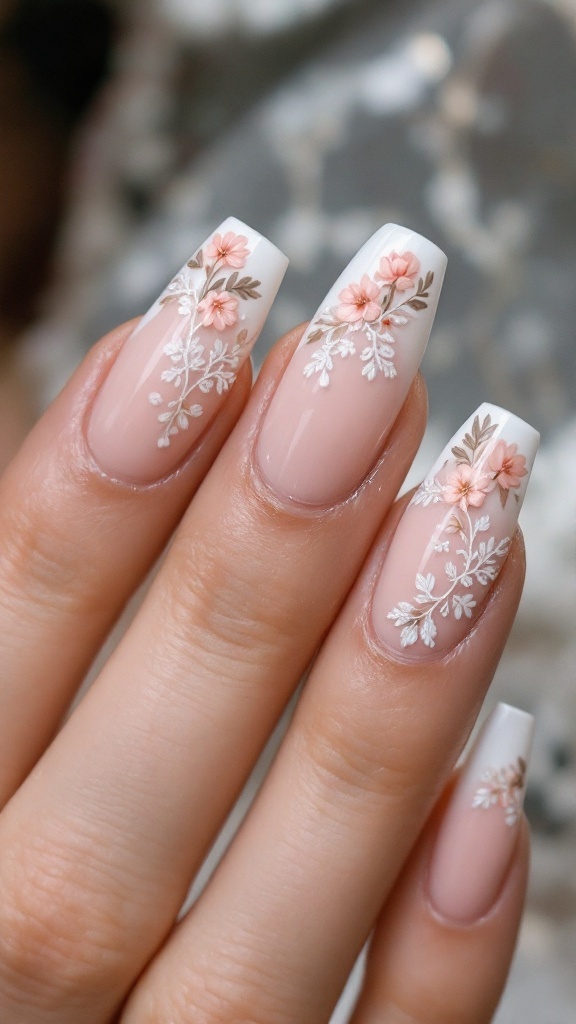 A hand with floral lace nail art featuring a soft pink base and white lace designs, elegantly posed on a lace fabric.