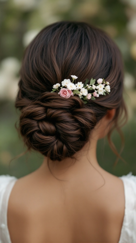A woman with a low bun hairstyle adorned with flowers and ribbon.