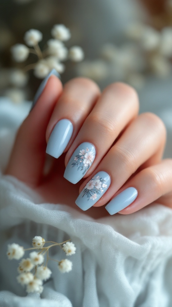 Light blue wedding nails with floral accents