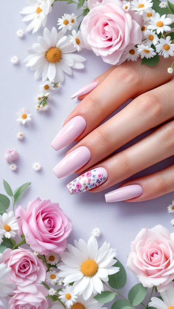 A hand with floral nail art, surrounded by pink roses and daisies