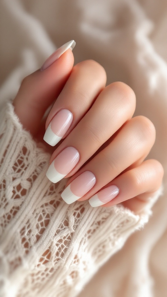 Elegant bridal nails featuring a soft pink base and white French tips, adorned with a subtle shine and delicate accents.