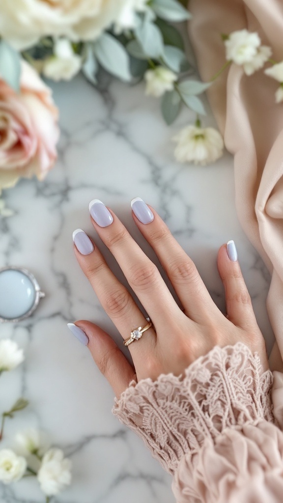Light blue wedding nails featuring French tips, elegant ring, and floral backdrop.