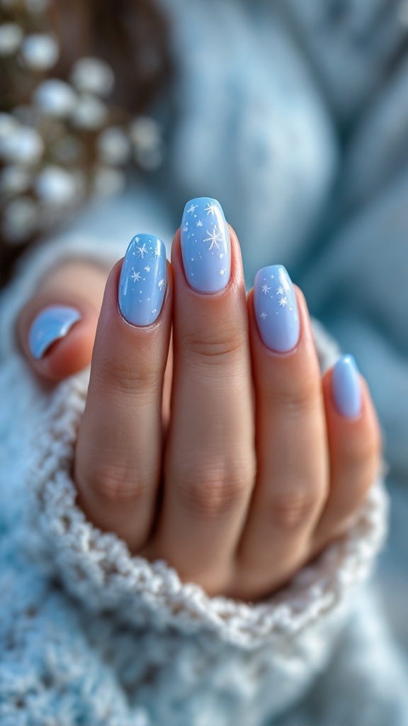 A close-up of a hand with icy blue nails featuring white snowflake designs, wrapped in a cozy knitted sweater.