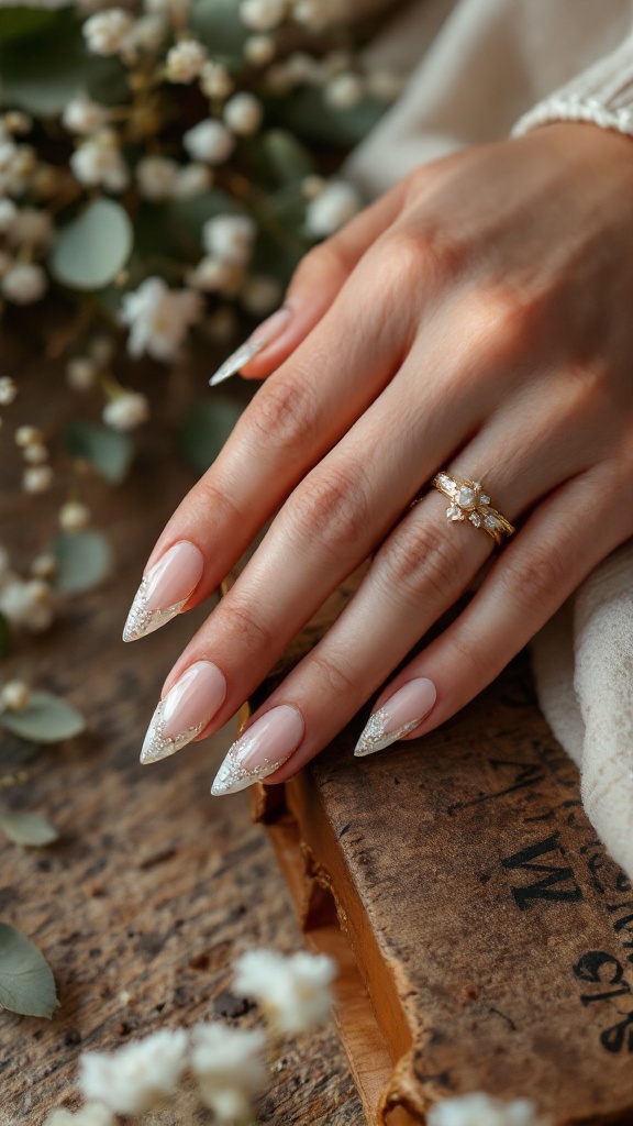 A close-up of a hand with elegantly manicured nails featuring gemstone accents, resting on a textured surface with greenery.