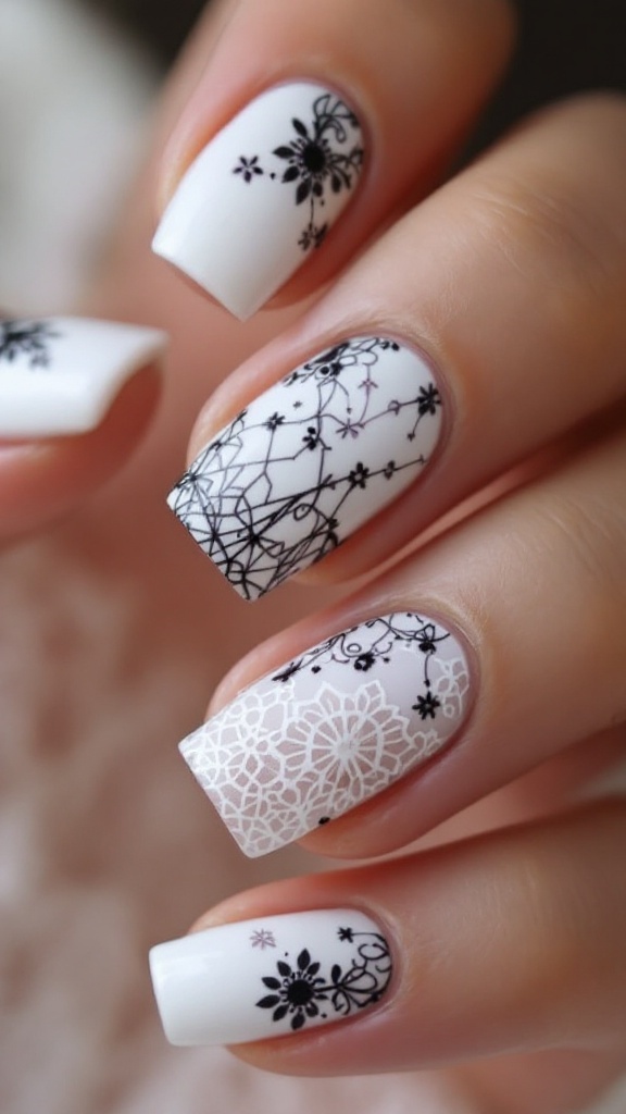 Close-up of wedding nails featuring a nude base and delicate white lace designs.