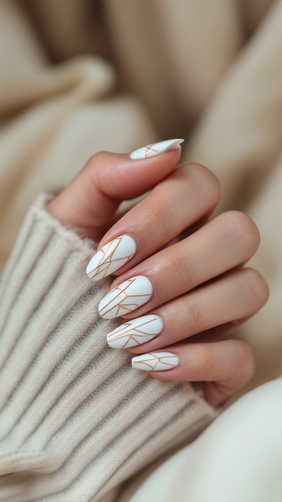 Nails painted white with gold geometric patterns, held against a soft beige background.