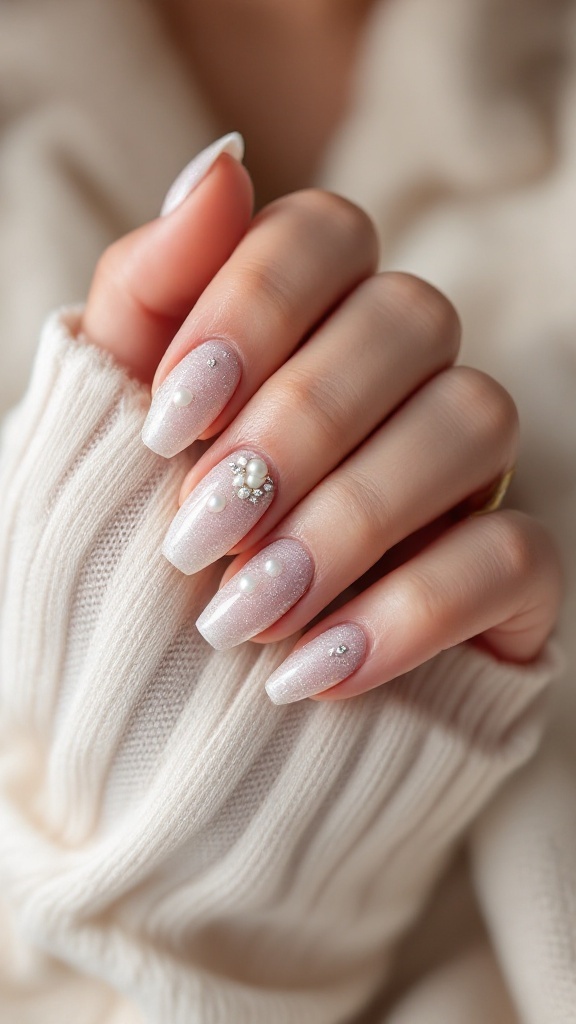 A hand with beautifully manicured bridal nails featuring a glitter base, pearls, and rhinestones.