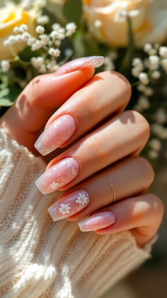 Close-up of wedding nails featuring 3D flowers and glitter