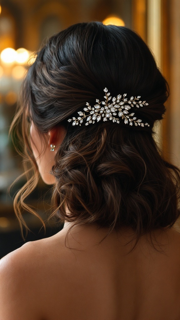 Half-up hairstyle for bridesmaids with soft curls and crystal hairpins