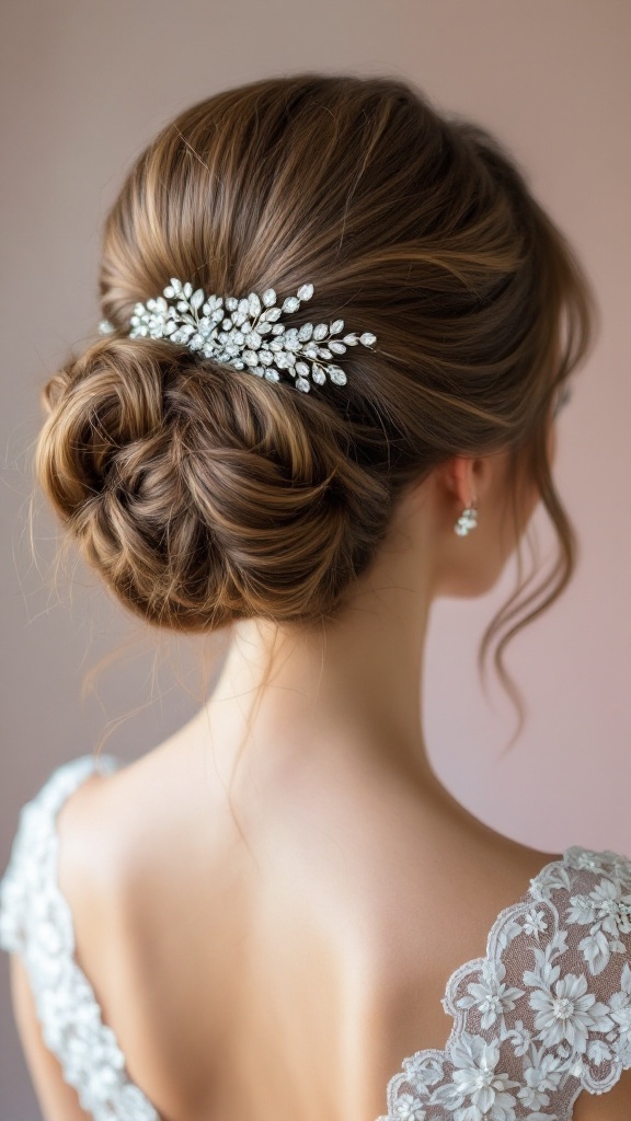 A glamorous high bun hairstyle adorned with a glittering comb.
