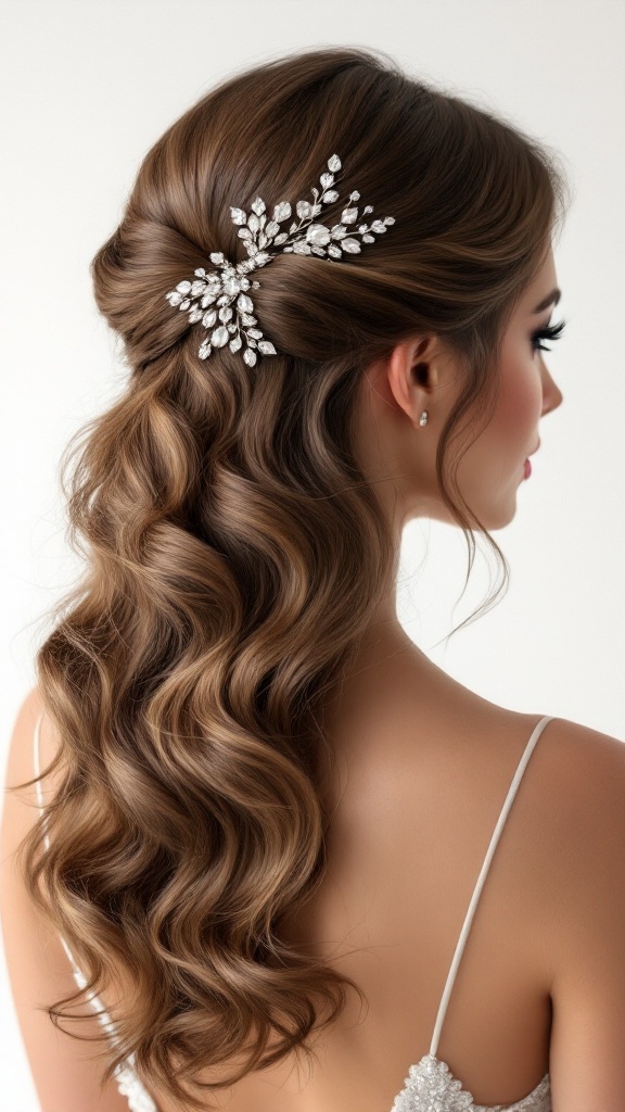 A bridesmaid hairstyle featuring glamorous Hollywood waves and a sparkling hair accessory