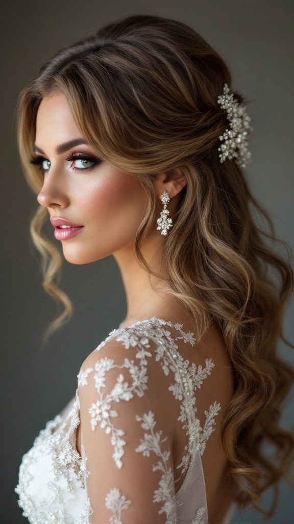A bridesmaid with half up half down hairstyle featuring glamorous Hollywood waves and a hair accessory.
