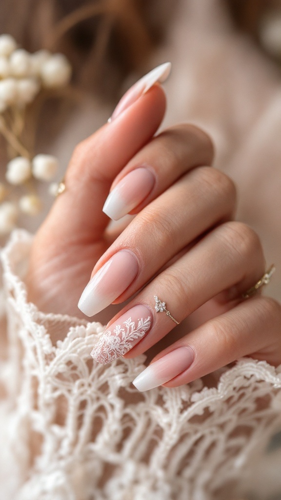 Wedding nails featuring a lace design with ombre glitter effect.