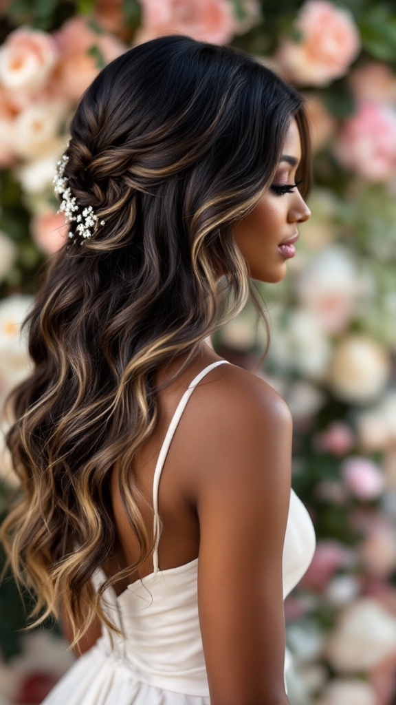 A woman with glamorous loose waves and highlights, showcasing a romantic hairstyle perfect for bridesmaids.