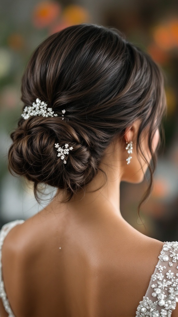 A stylish low bun hairstyle adorned with floral pins, perfect for bridesmaids.