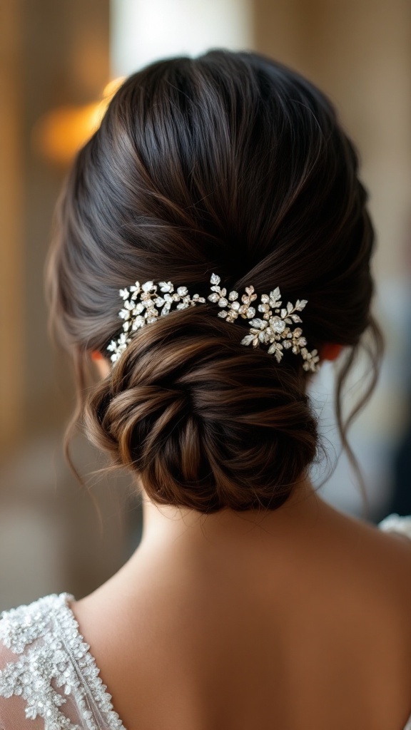 A side view of a glamorous low side bun hairstyle adorned with floral hairpins.
