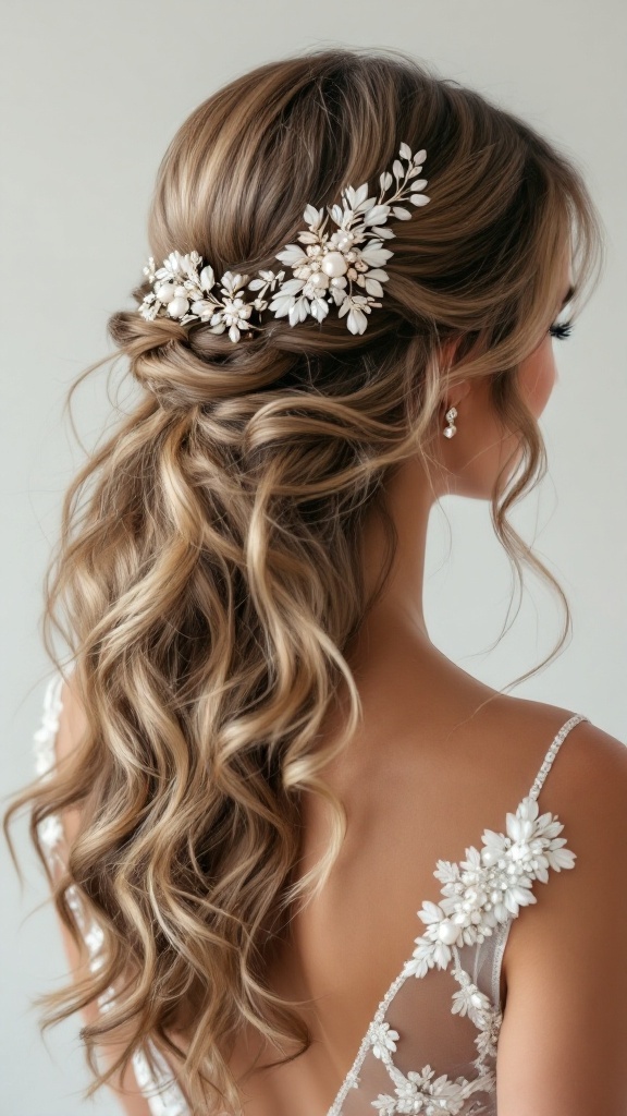 A beautiful hairstyle featuring glamorous waves adorned with floral accessories, perfect for bridesmaids at an Indian wedding.