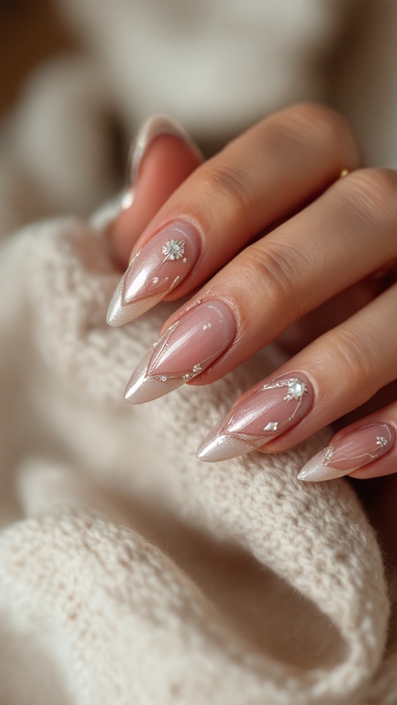Close-up image of elegantly manicured nails featuring metallic tips and delicate embellishments, perfect for a wedding.