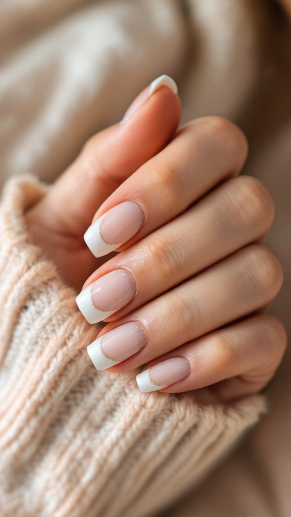 Nails with soft pink base and glittery gold accents, featuring French tips.
