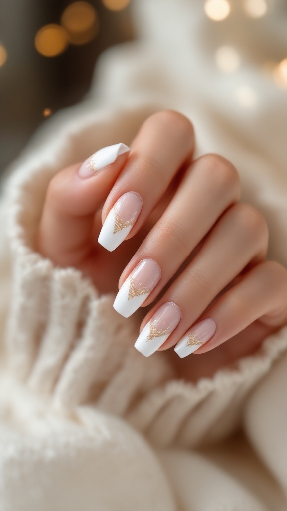 A close-up of elegantly manicured nails featuring white tips and glittery gold accents.