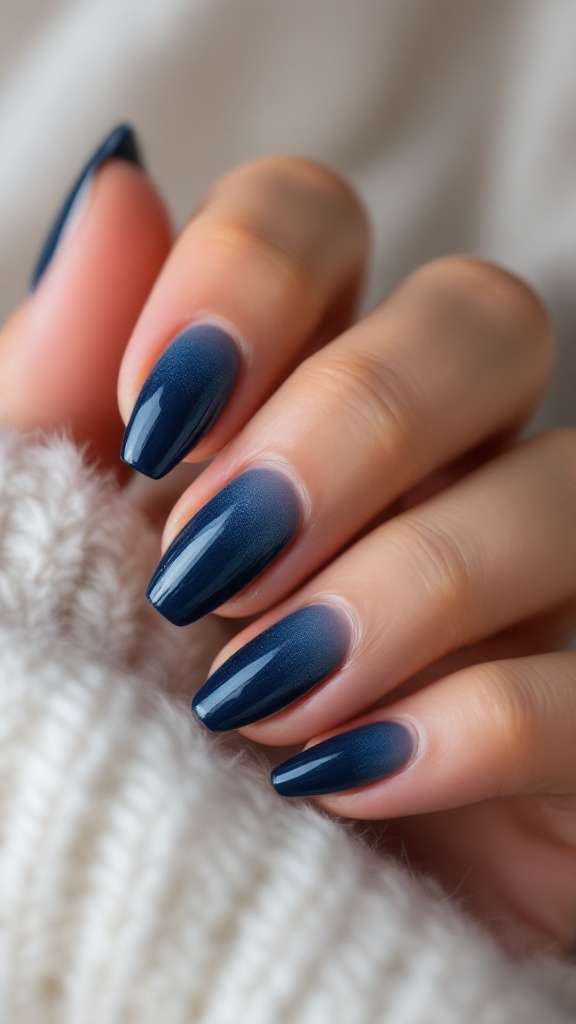 A close-up of glittery navy ombre nails on a hand, showcasing a gradient from dark navy to a lighter shade.