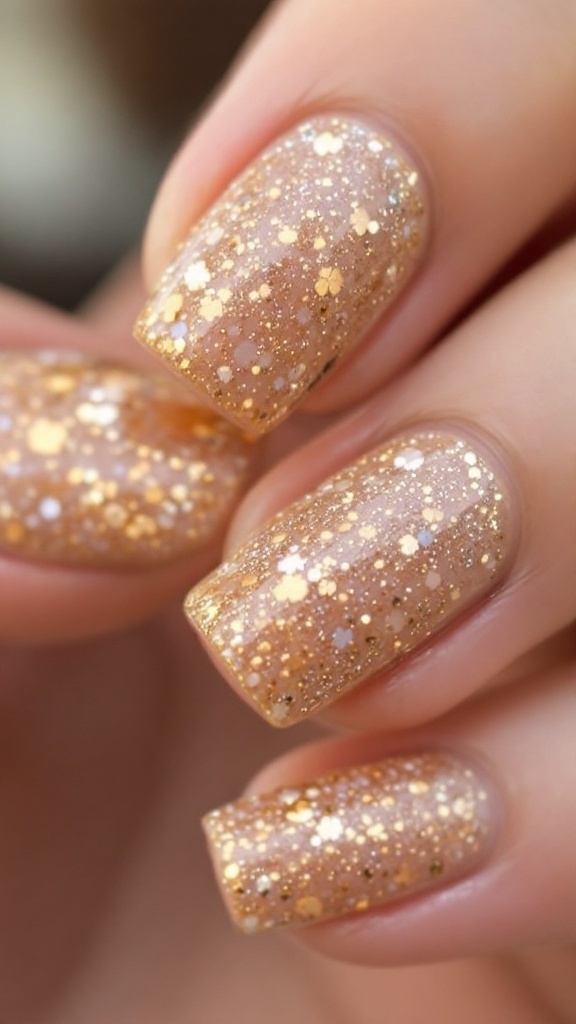 A close-up of beautifully manicured nails with a sand-inspired glittery texture, showcasing a soft gradient effect.