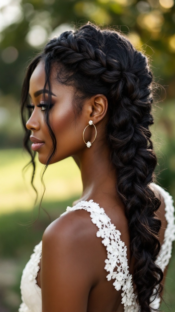 A woman with a halo braid hairstyle and loose strands, wearing floral earrings.