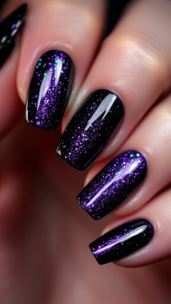 Close-up of hands with gothic gradient nails in dark hues.