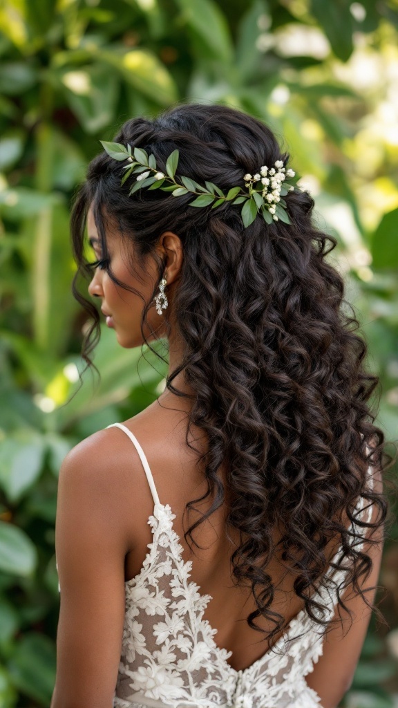 A woman with half-up half-down curls adorned with greenery and flowers, showcasing a bridal hairstyle.