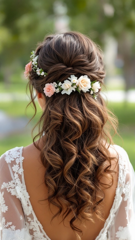 A half-up half-down curly hairstyle adorned with flowers, showcasing elegance and charm.