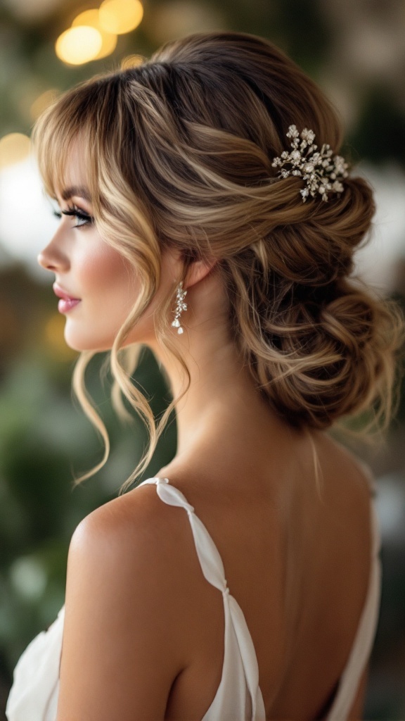 Bride with half-up half-down hairstyle featuring wispy bangs and delicate hair accessories.
