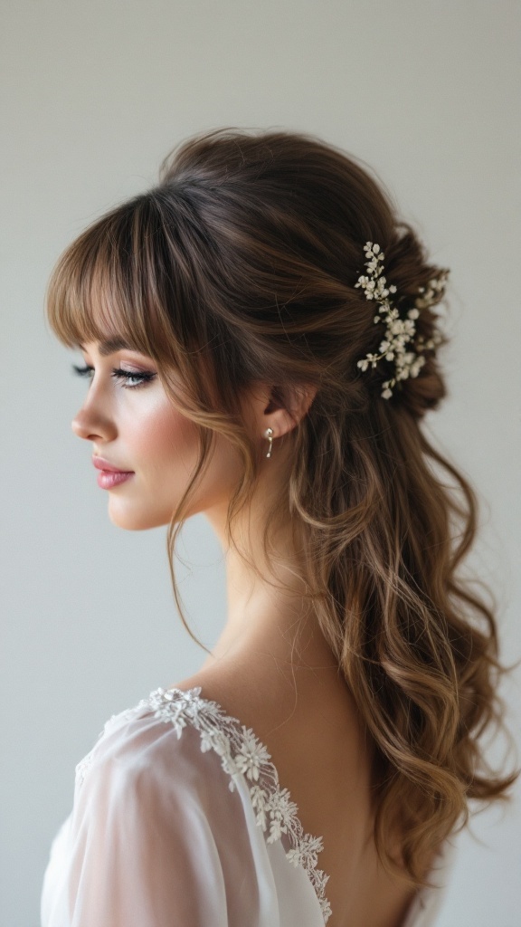 A woman with half-up half-down hairstyle featuring bangs and floral accessories, perfect for a wedding.