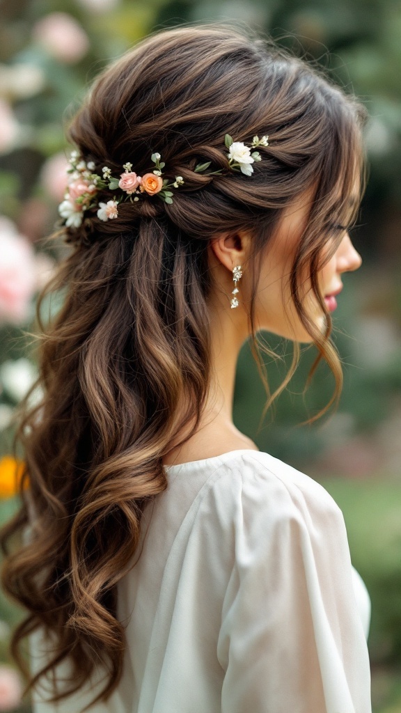 A side view of a woman with half-up half-down wavy hair adorned with flowers
