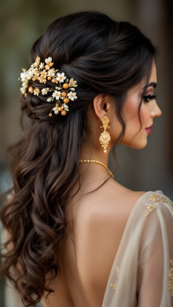 A bride's half-up half-down hairstyle adorned with haldi jewelry, featuring soft curls and decorative floral elements.