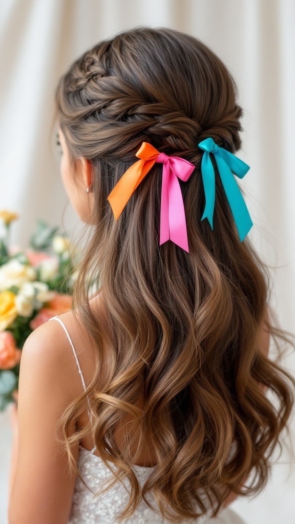 A junior bridesmaid with a half-up half-down hairstyle featuring braids and colorful ribbons.
