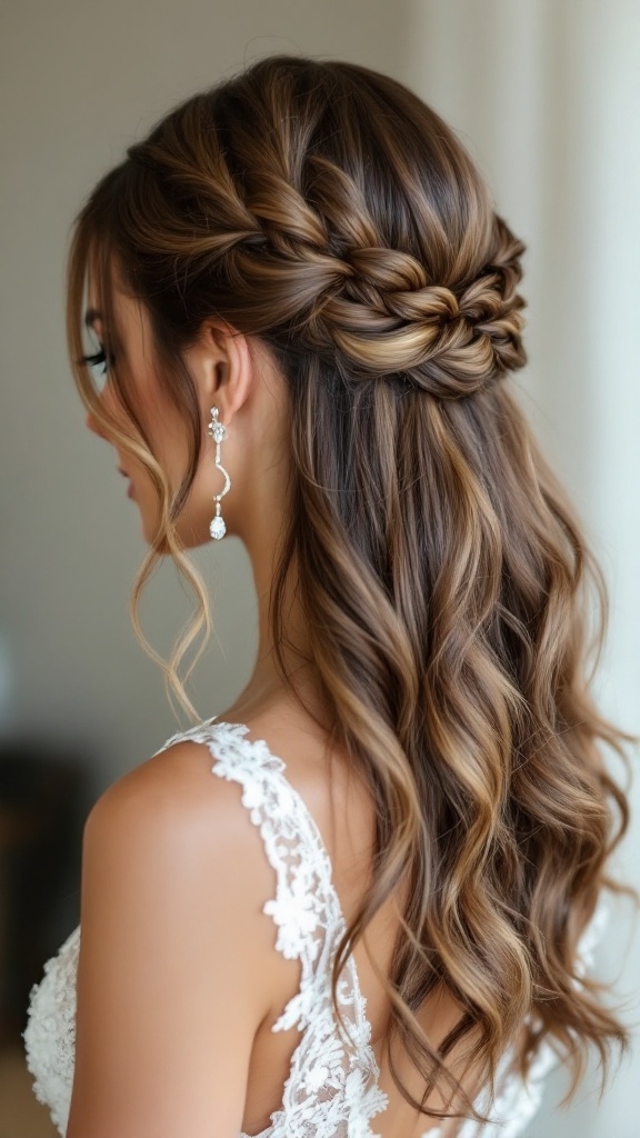 A beautiful Half-Up Half-Down hairstyle with twisted sections, showcasing soft waves and elegant pearl earrings.