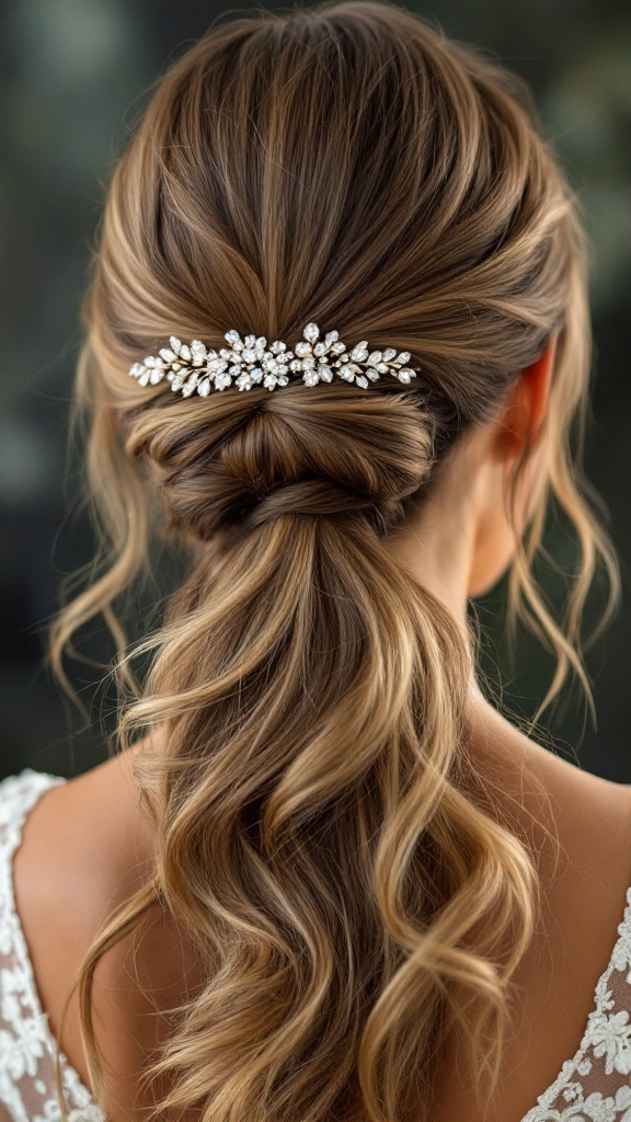 Half-up ponytail hairstyle with beaded clips, featuring soft waves and a stylish look
