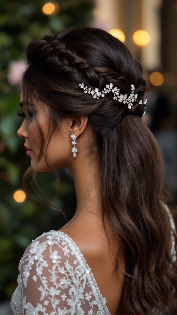 Half-up sleek braid hairstyle with rhinestones, perfect for bridesmaids