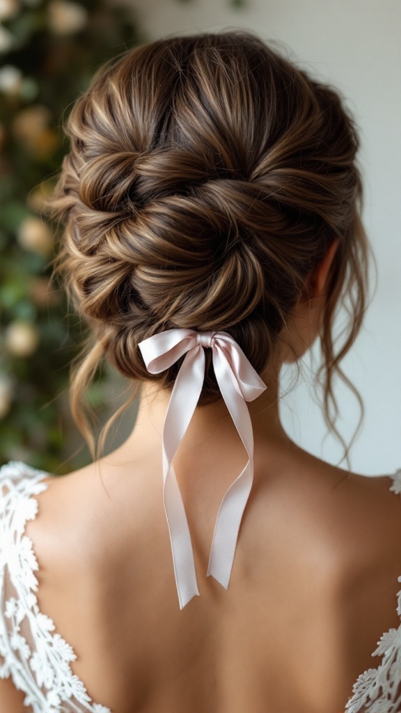 A stylish half-up twist hairstyle with ribbons for short hair, perfect for bridesmaids.