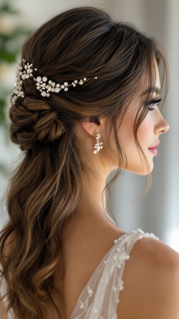 A woman with half-up hairstyle adorned with beaded accessories.